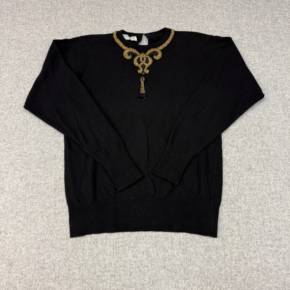 Gloria Sachs Sweater Medium Black Cashmere Beaded Tassel Neck Made in Britain